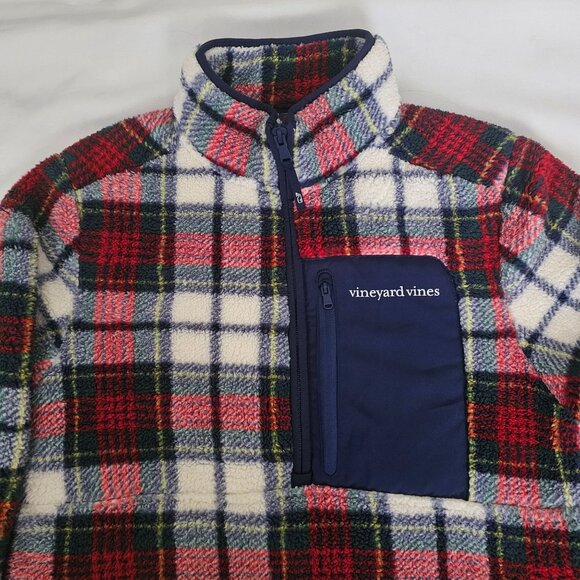 Vineyard Vines Red/Navy Blue Plaid Sherpa Fleece Half Zip Pullover Sweater XS - Picture 4 of 13